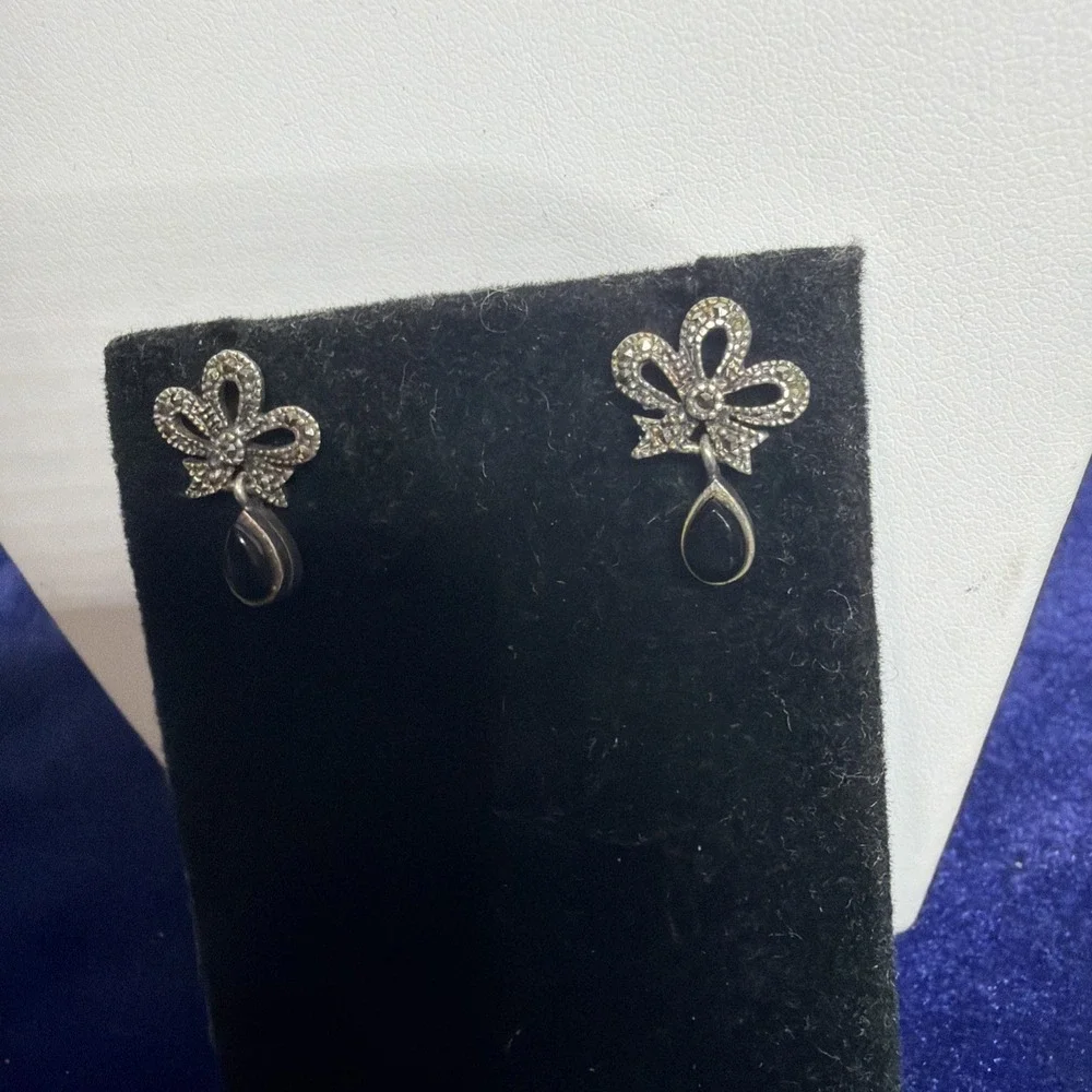 Marcasite Bow w Onyx Set in Silver Drop Post Earrings